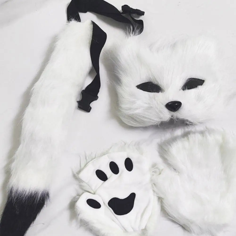 Guantes de garra de lobo 3D con máscara de media cara realista, conjunto de guantes con patas de gato y cola de piel esponjosa, accesorios para disfraz de Halloween