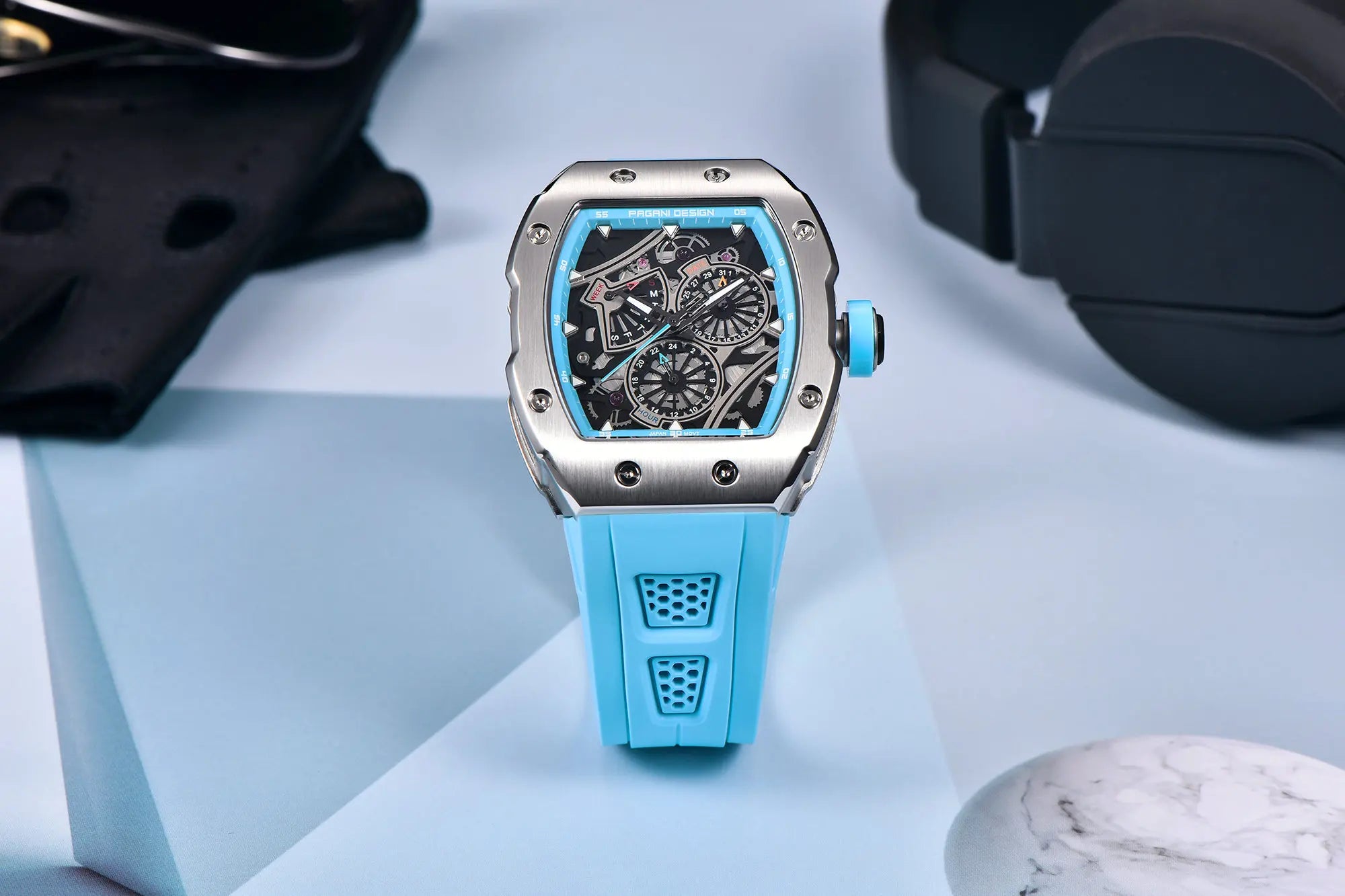 PAGANI DESIGN skeleton Watch Sapphire YS012 Automatic Men’s Quartz Watch Silicone Square Clock Waterproof Relogio Masculino