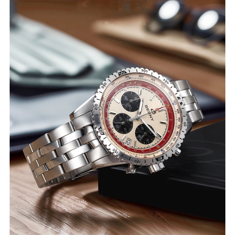 BERNY Chronograph Watches for Men Aviation Multifunction Quartz Men's Watch Date Sapphire Super Luminous Luxury Wristwatch