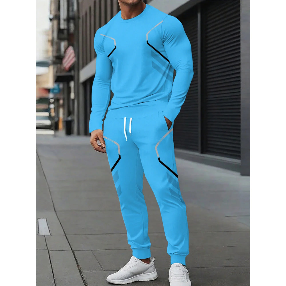 The new men's round-neck sweatshirt set for Spring and Autumn 2025 features street fashion and comfort with 3D pattern printing