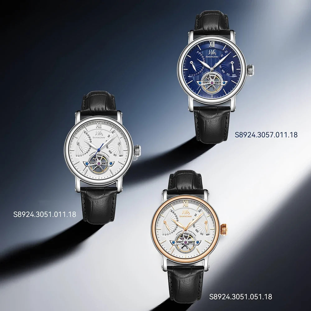 Shanghai Watch Skeletonized Flywheel Men's Mechanical Watch 42mm Automatic Watches Retrograde Calendar Sapphire Wristwatch S8924