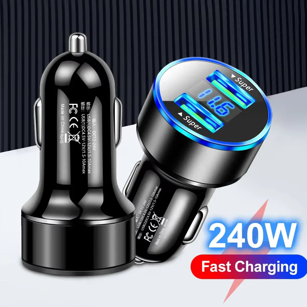 Cargador de coche de 240W, puertos USB duales, carga súper rápida de 120W con pantalla Digital, adaptador de carga rápida para IPhone, Samsung, Xiaomi