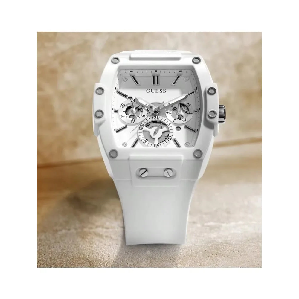GUESS Watches for Men Original Luxury Skeleton White Tonneau Multifunction Quartz Chronograph Silicone Strap Fashion Sport Wrist