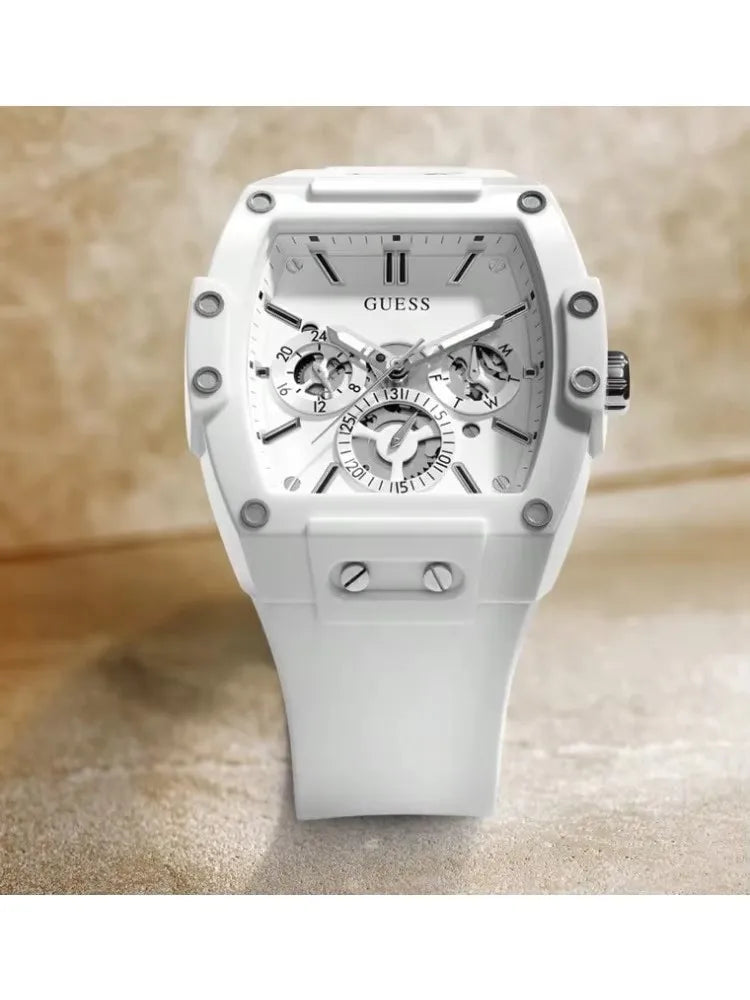 GUESS Watches for Men Original Luxury Skeleton White Tonneau Multifunction Quartz Chronograph Silicone Strap Fashion Sport Wrist