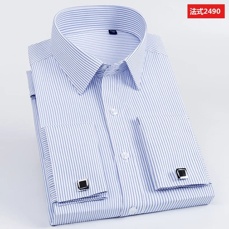 Men's French cufflinks shirt, men's slim fit long sleeved business sleeve nail free business formal men's solid color shirt