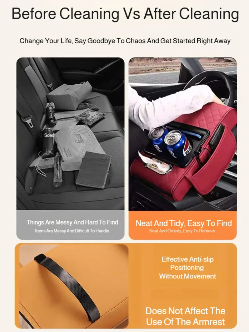 Reposabrazos para Coche 5 en 1: Caja para Pañuelos, Portavasos, Bolsa de Almacenamiento Multifuncional, Almohadilla Elevadora y Cojín con Bolsillo