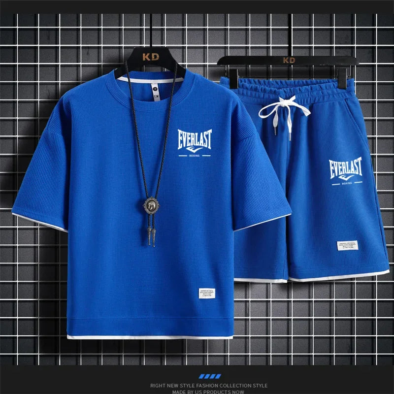 2026 Men's summer suit high quality round neck men's T-shirt 2 pieces shorts running quick dry leisure quick dry.