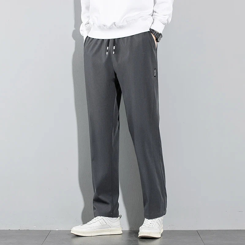 Pantalones de seda de hielo para hombre, novedad de verano 20225, pantalones informales de negocios finos negros y grises, pantalones de chándal de pierna recta transpirables elásticos para exteriores