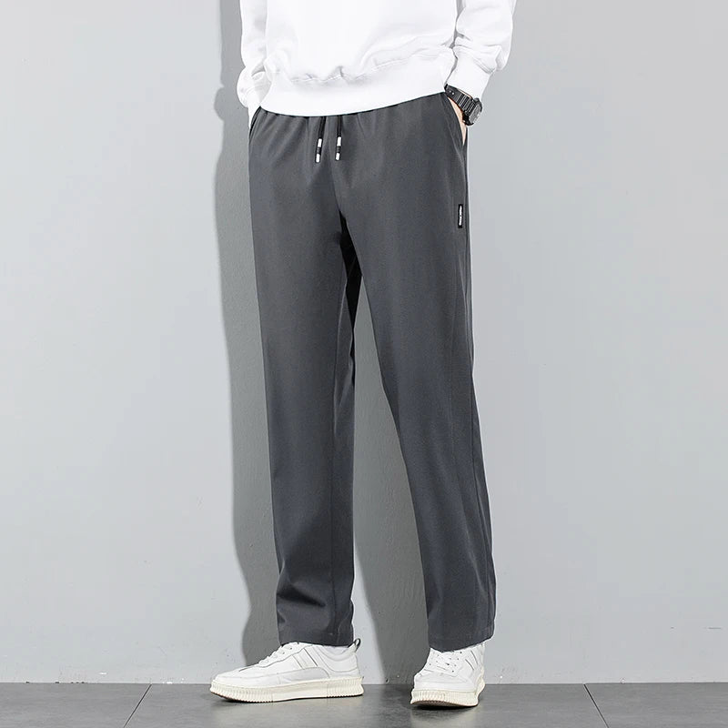 Pantalones de seda de hielo para hombre, novedad de verano 20225, pantalones informales de negocios finos negros y grises, pantalones de chándal de pierna recta transpirables elásticos para exteriores