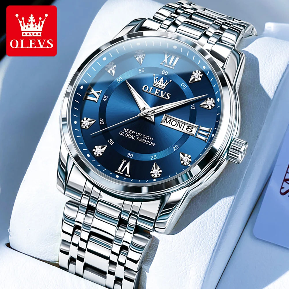 OLEVS 5513 reloj para hombre marca de moda Original reloj luminoso resistente al agua de cuarzo para hombre caja de reloj con calendario Dual de acero inoxidable