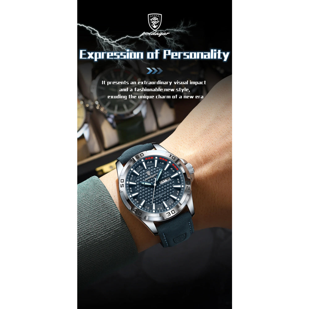 POEDAGAR Original Man Wristwatch Top Luxury Waterproof Luminous Date Week Watch For Men Quartz Sport Leather Men's Watches Reloj