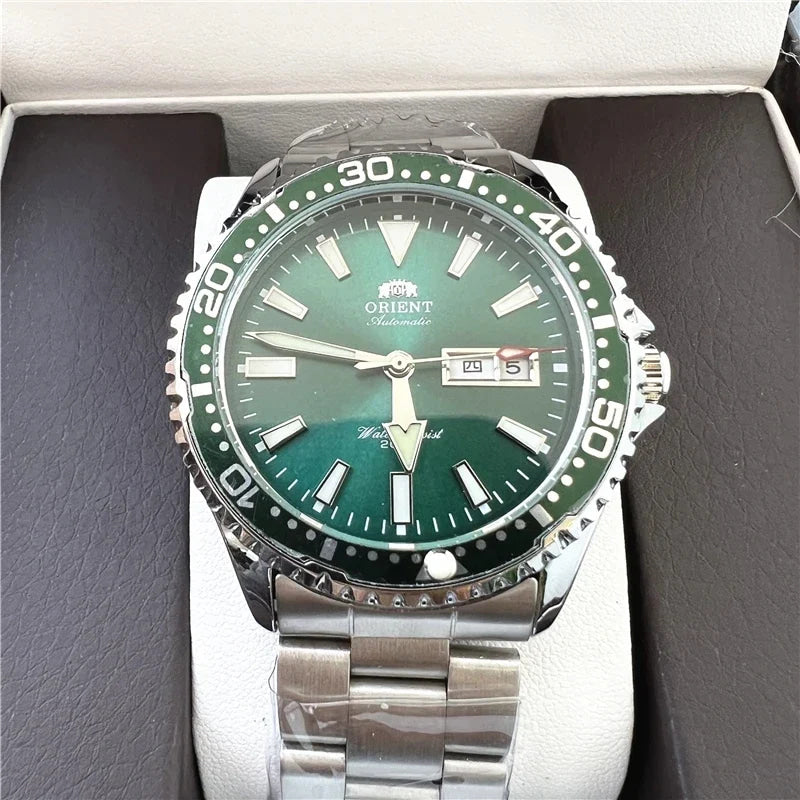 Orient Automatic Mechanical Diver Watch for Men 200M Waterproof Red Dial Stainless Steel Band Day Date Display Sport Wristwatch