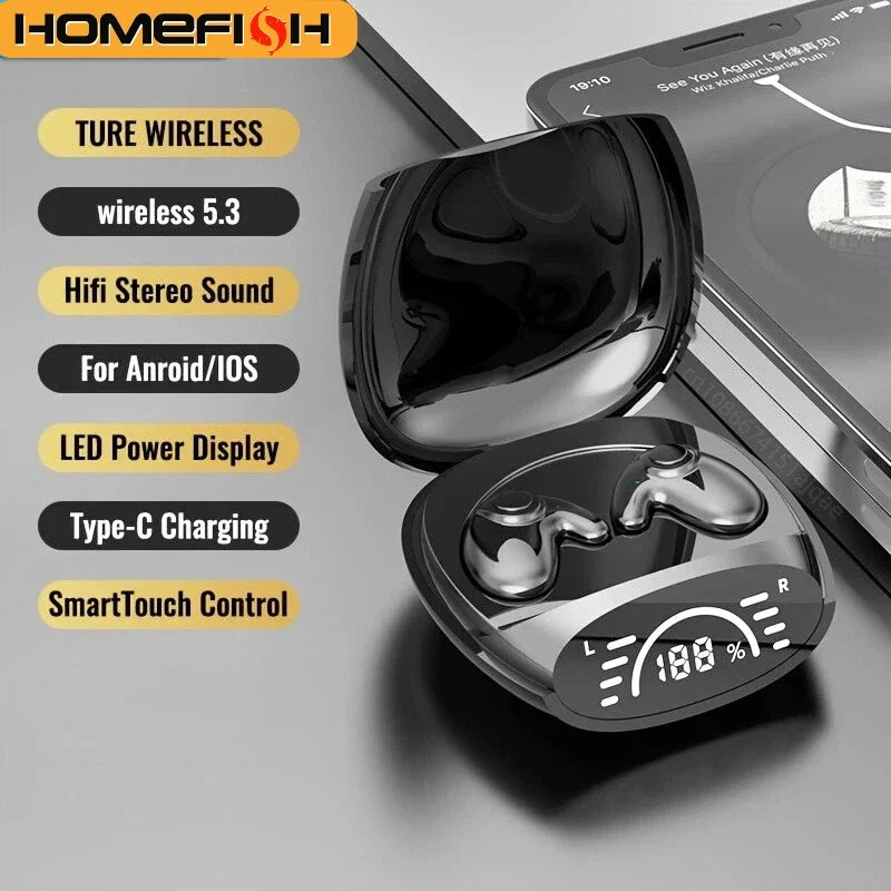 HOMEFISH Sleep Wireless Earbuds Bluetooth 5.3 Ultra - Thin Painless Wear ENC Noise Cancelling Long Battery with LED Display