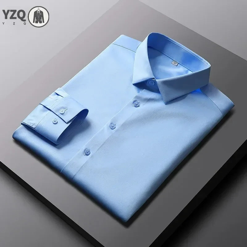 Camisa de color sólido de manga larga informal y de moda para hombre Top de negocios sin planchar y resistente a las arrugas
