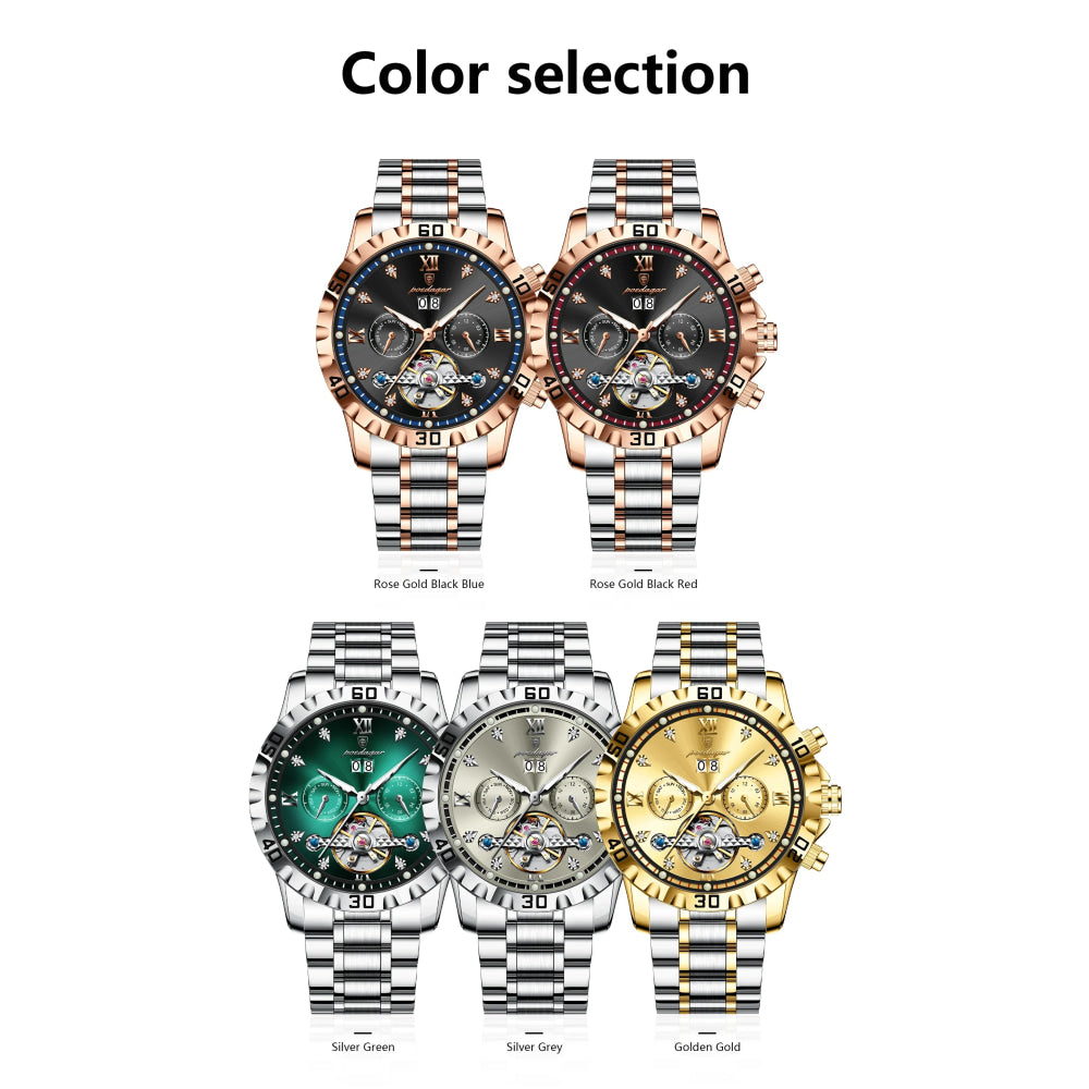POEDAGAR Luxury Men Wristwatch Hollow Tourbillon Luminous Date Week Man Clock Automatic Mechanical Stainless Steel Men's Watches