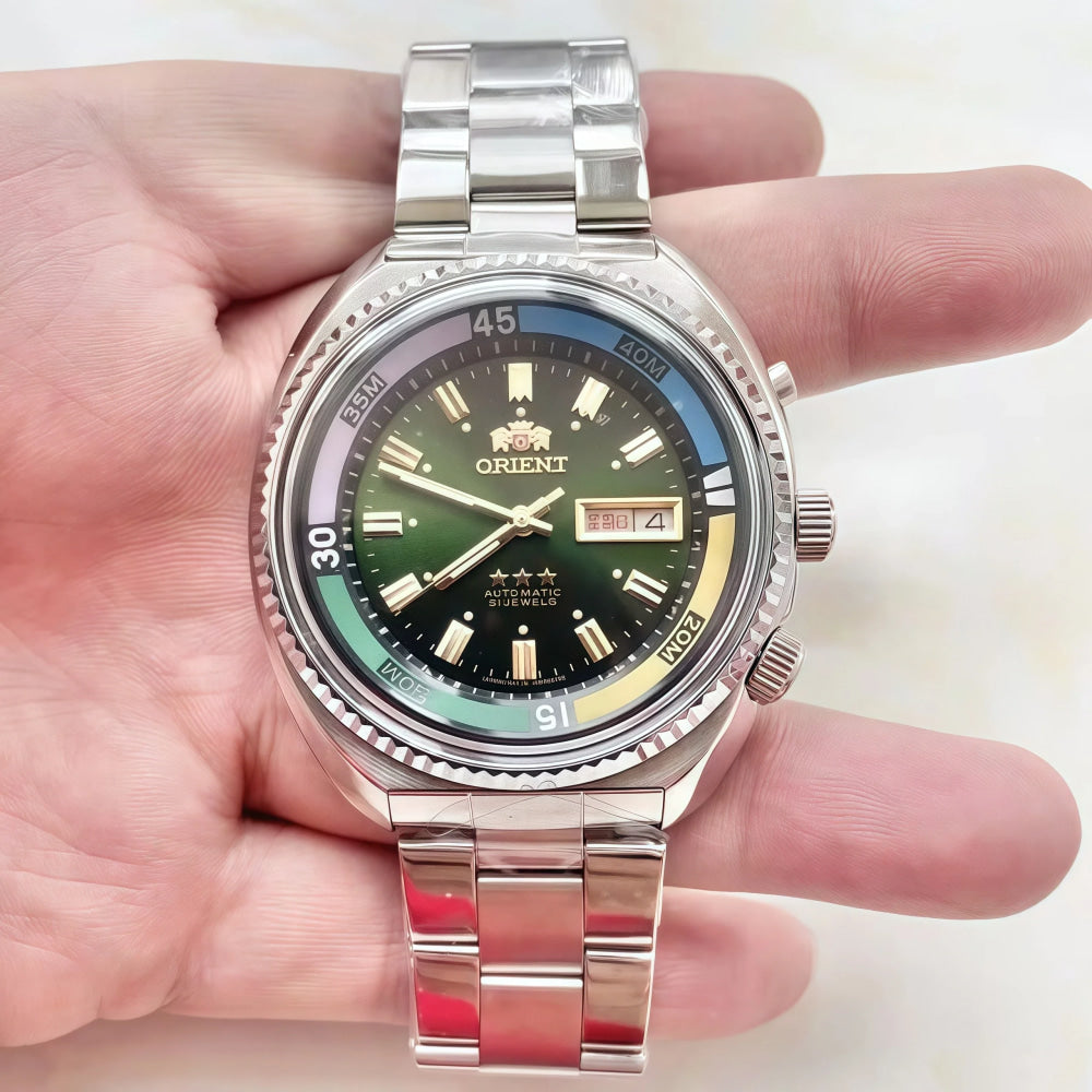 Orient Sea King Automatic Mechanical Men's Watch - Retro Red Dial, Dual Calendar, Colorful Bezel, Waterproof Luminous Timepiece