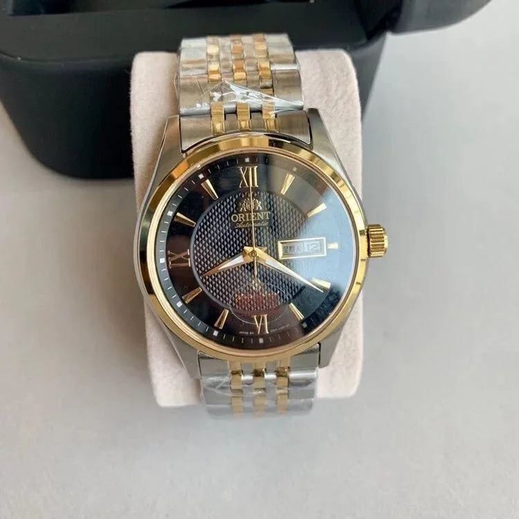Orient Two-Tone Automatic Watch Multi-Color Dial Roman Numerals Day-Date Steel Band 50M Water Resistant Men's Classic Wristwatch