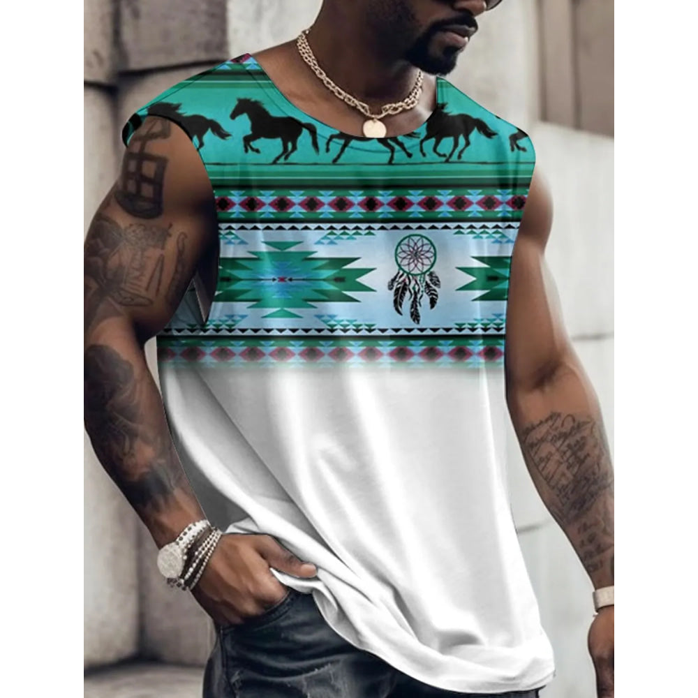 Summer New Men's Vest T Shirt Patterned Tribal Round Neck Clothing Daily Fitness Sports Vintage Sleeveless Printed Ethnic Tops