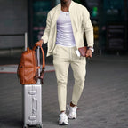 Men's Business Casual Two-Piece Set Spring Autumn Waffle Zippered Shirt Coat And Trousers Trendy Fashionable Outfit