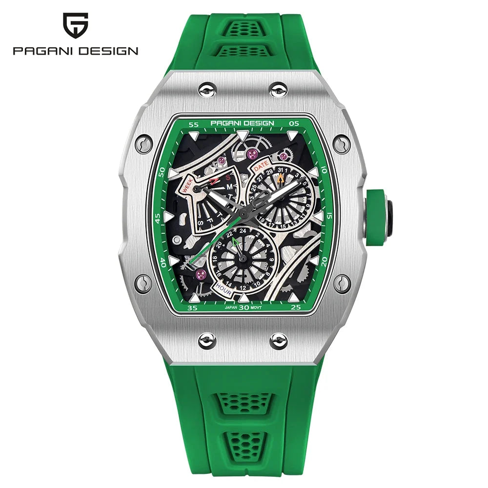 PAGANI DESIGN skeleton Watch Sapphire YS012 Automatic Men’s Quartz Watch Silicone Square Clock Waterproof Relogio Masculino
