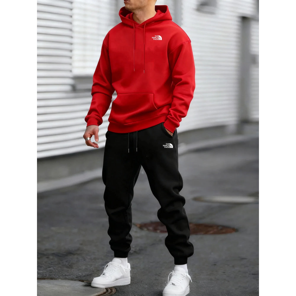 Men's Autumn and Winter Pattern Casual Two-Piece Set Hooded Sweatshirt and Pants withPockets Regular Fit Qutdoor Sport Suit