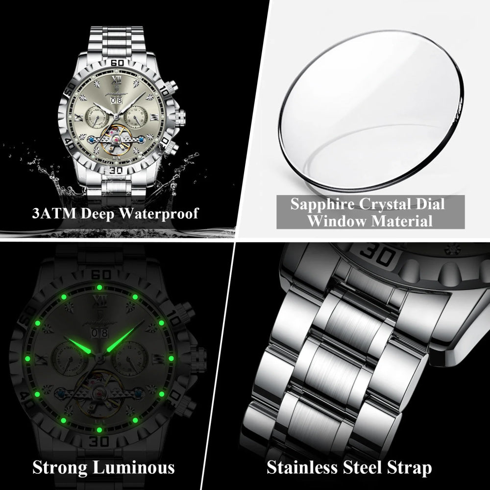 POEDAGAR Luxury Men Wristwatch Hollow Tourbillon Luminous Date Week Man Clock Automatic Mechanical Stainless Steel Men's Watches