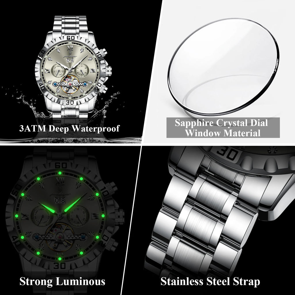 POEDAGAR Luxury Men Wristwatch Hollow Tourbillon Luminous Date Week Man Clock Automatic Mechanical Stainless Steel Men's Watches