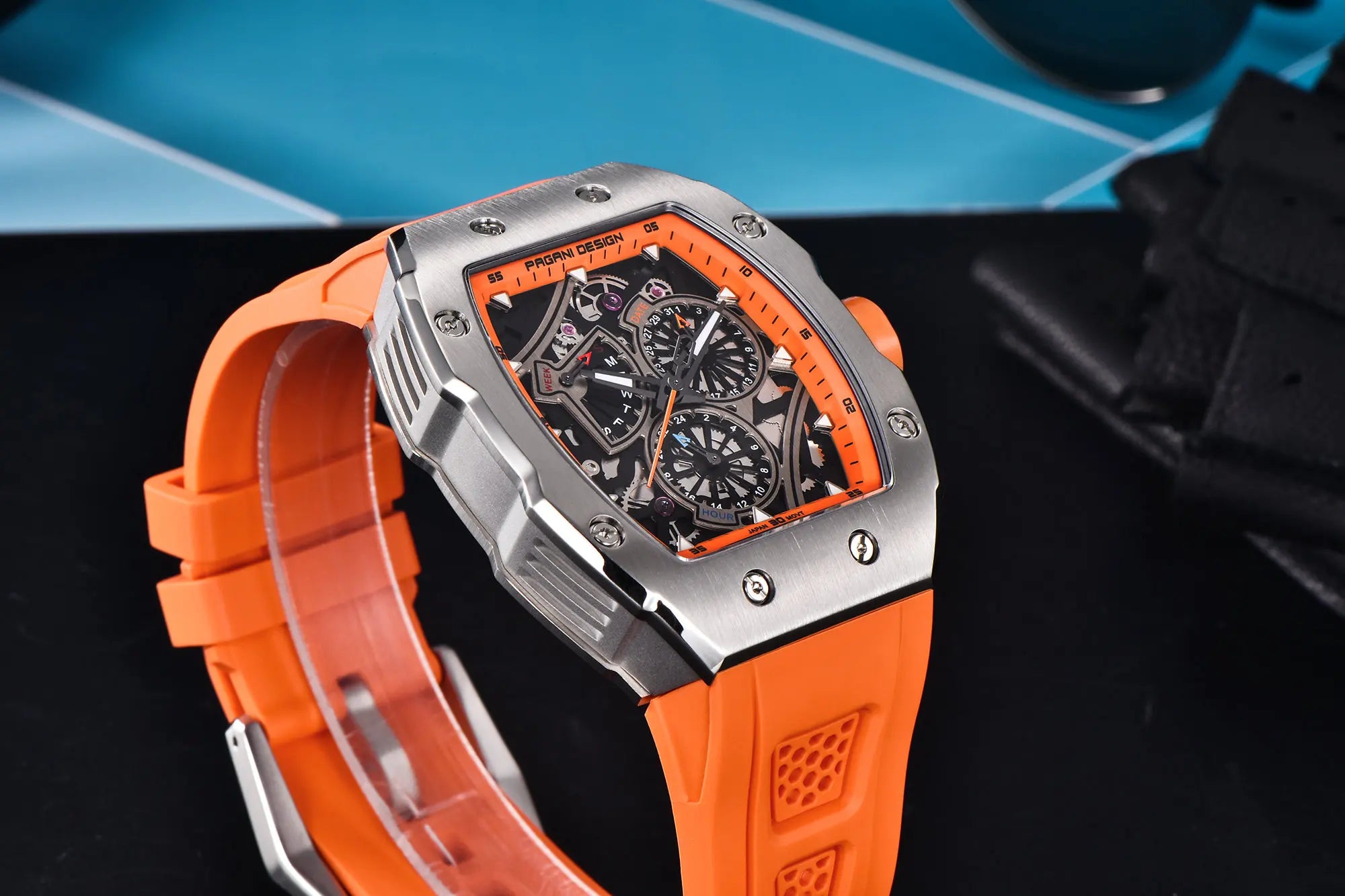PAGANI DESIGN skeleton Watch Sapphire YS012 Automatic Men’s Quartz Watch Silicone Square Clock Waterproof Relogio Masculino