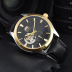 Orient automatic mechanical unisex watch with hollowed out personalized dial, fully functional world time leather strap