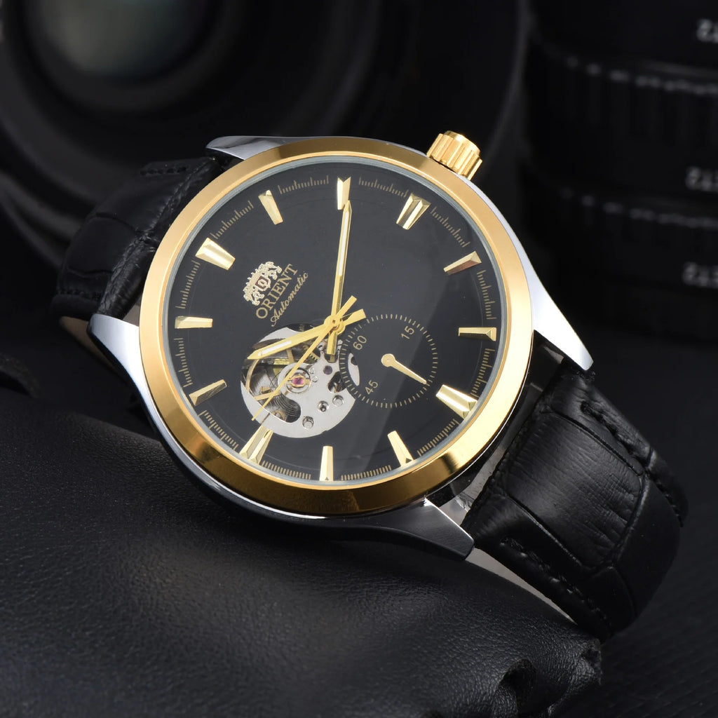 Orient automatic mechanical unisex watch with hollowed out personalized dial, fully functional world time leather strap