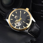 Orient automatic mechanical unisex watch with hollowed out personalized dial, fully functional world time leather strap