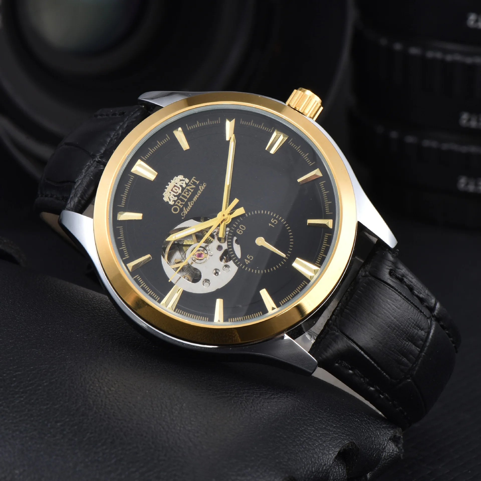 Orient automatic mechanical unisex watch with hollowed out personalized dial, fully functional world time leather strap