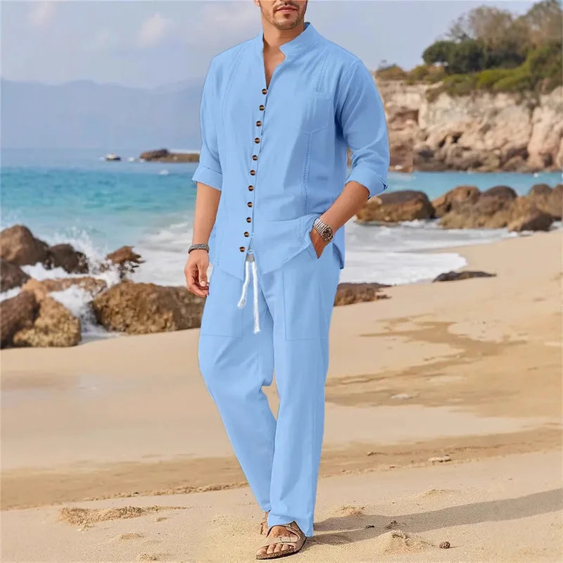 Men's Fashionable Cotton Linen Shirt Set, Stand Collar, Long Sleeves, Two-Piece Set, Spring/Autumn Style, 100% Natural Fiber
