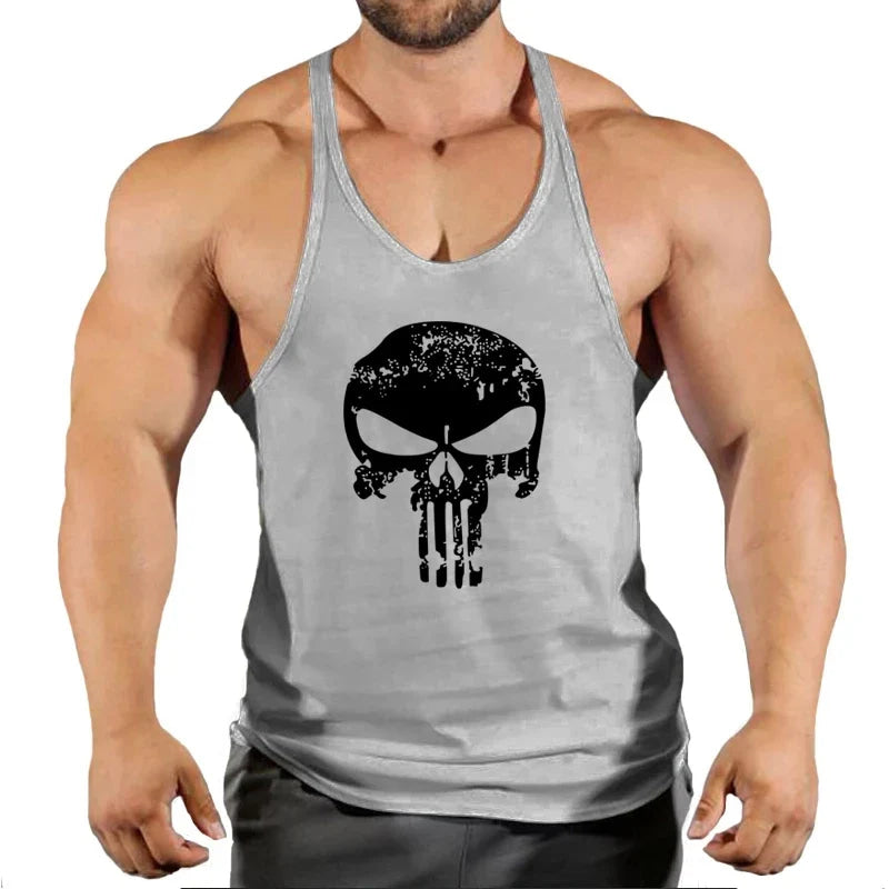 Mens Bodybuilding Faux Cotton Tank Top Gym Fitness Sports Sleeveless Top Skull Print Breathable Tank Top Mens Summer Tank Top
