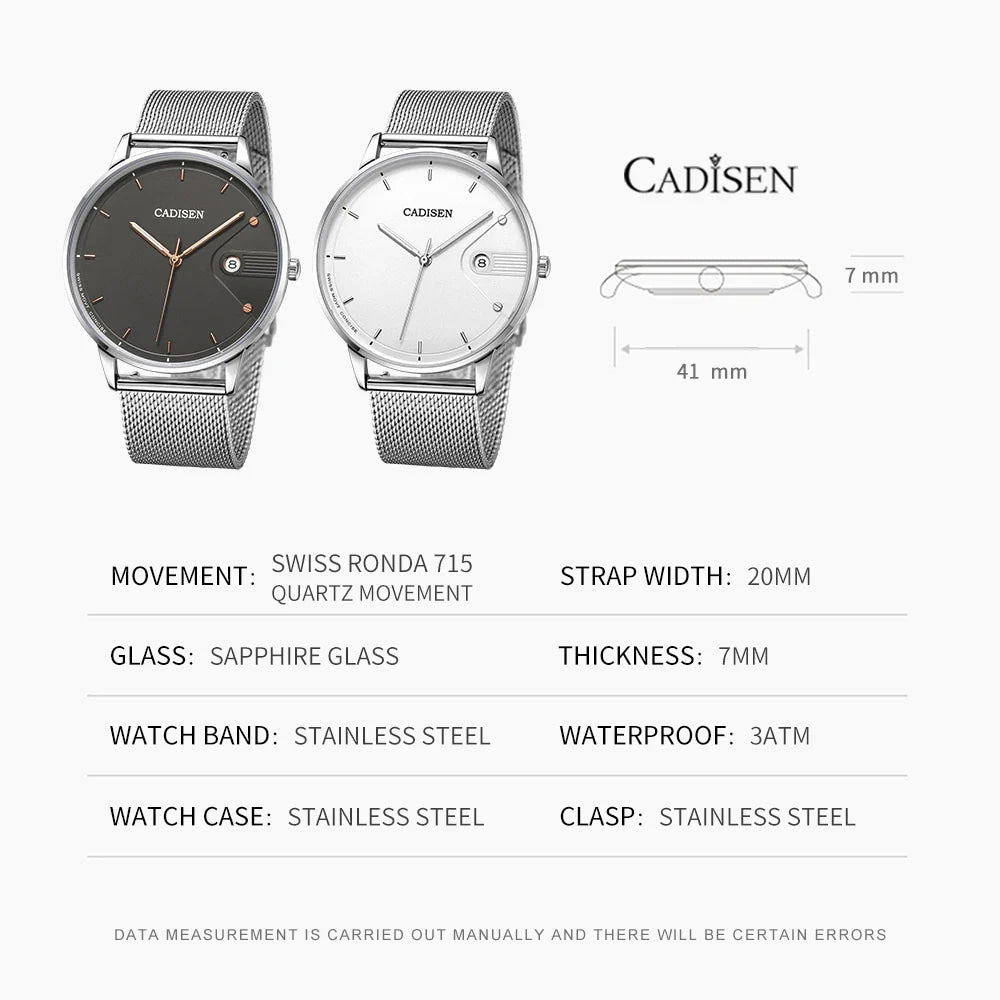 CADISEN Swiss Ronda 715 Quartz Watch Mans 7MM Ultra-thin Dial Sapphire Luminous Stainless Steel Milano Mesh Strap Watches Men