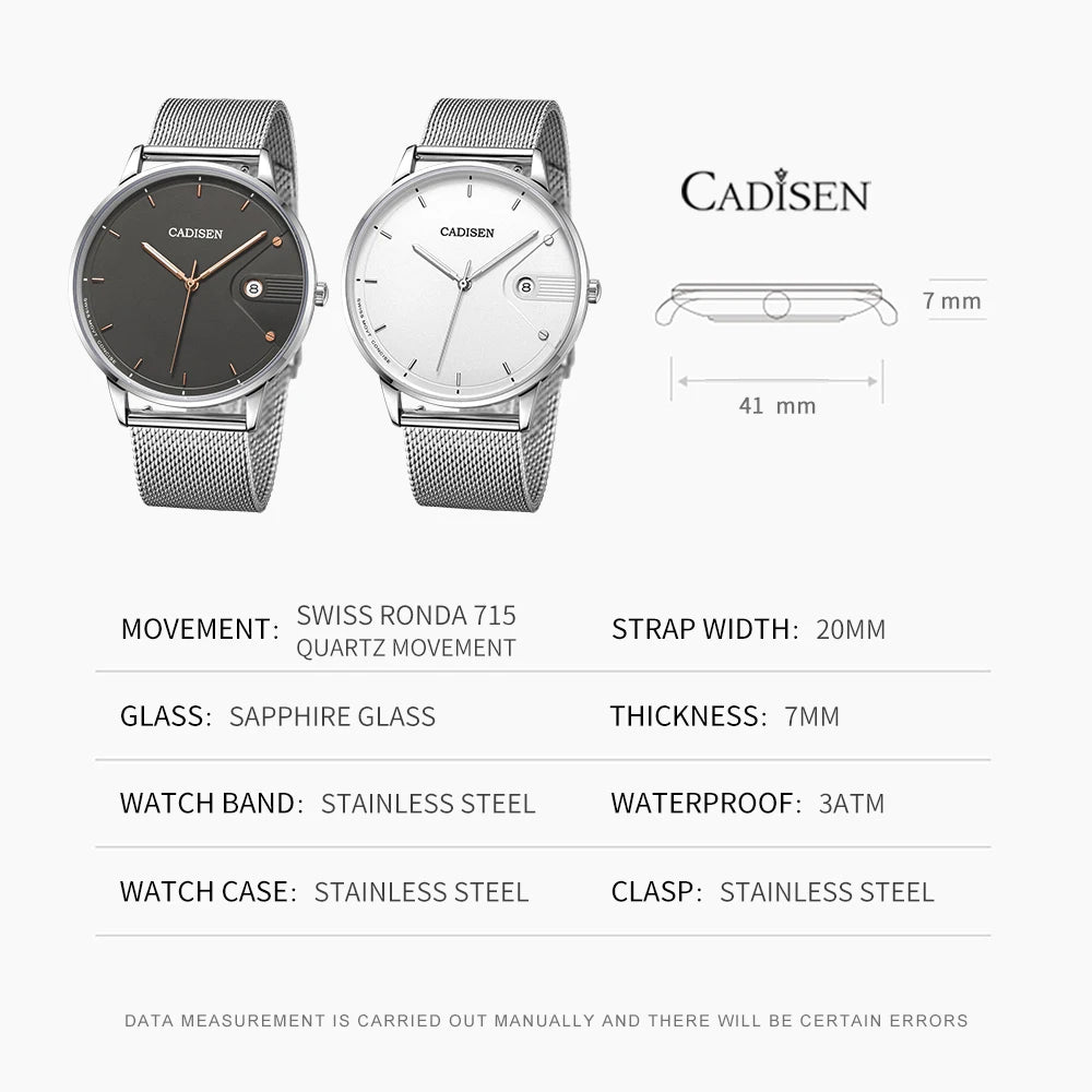 CADISEN Swiss Ronda 715 Quartz Watch Mans 7MM Ultra-thin Dial Sapphire Luminous Stainless Steel Milano Mesh Strap Watches Men