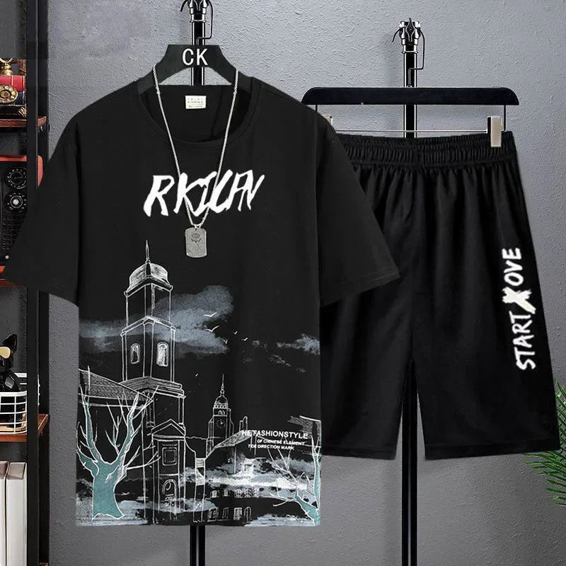 Conjuntos de verano de secado rápido para hombre, chándales de moda, pantalón corto informal transpirable de manga, Camiseta deportiva con estampado 3D + Pantalones cortos, conjunto de baloncesto