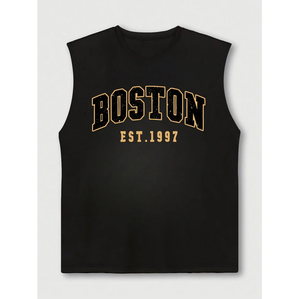 Men's summer fashion casual sports loose Boston est 1997 Print comfortable breathable round neck sleeveless vest