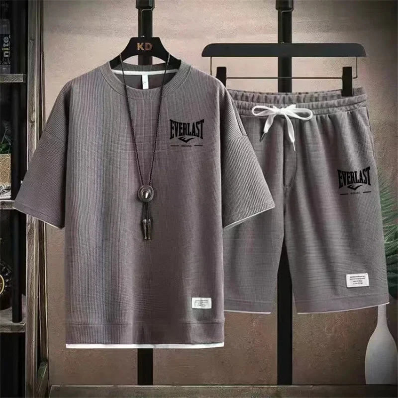 2026 Men's summer suit high quality round neck men's T-shirt 2 pieces shorts running quick dry leisure quick dry.