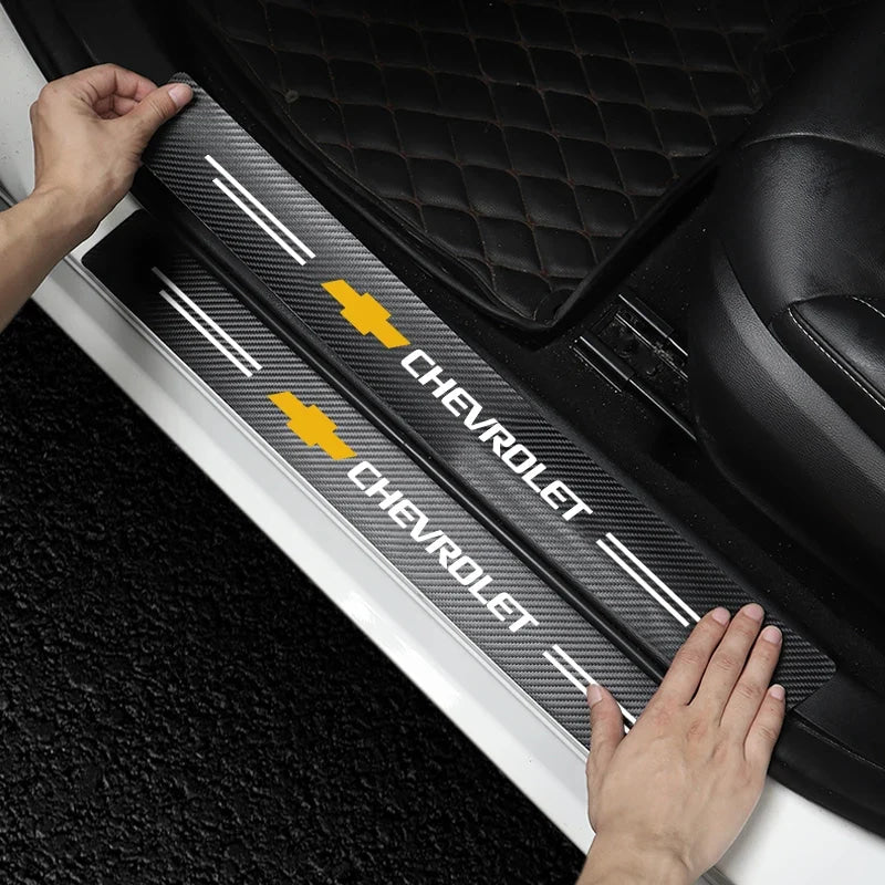 Car Door Threshold Scuff Plate Carbon Fiber Decals Stickers For Chevrolet Cruze Impala Malibu Silverado Cobalt Impala Onix Tahoe