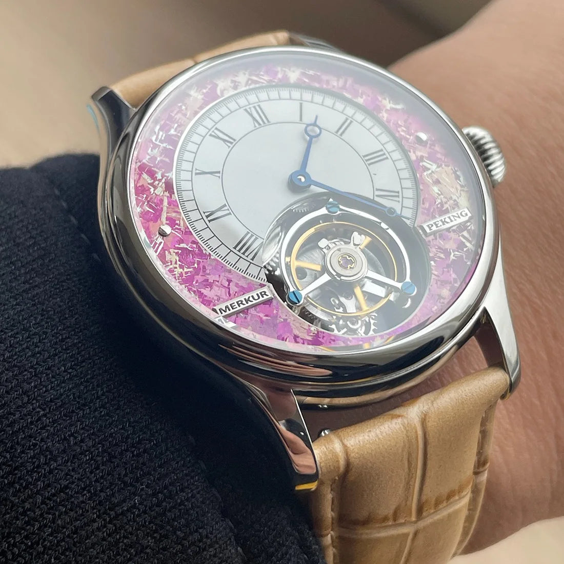 42mm nuevo Merkur Tourbillon relojes de pulsera para hombre reloj mecánico de cuerda a mano reloj de pulsera de moda para hombre zafiro 2025 esqueleto
