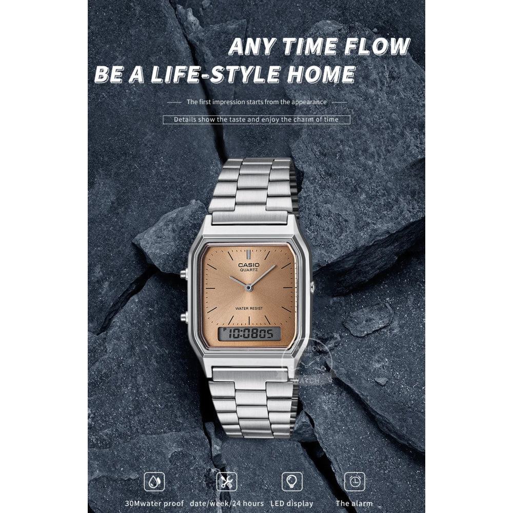 Casio Men's Watch Dual Display Screen Retro Style Personalized Dial Design Quartz Movement Water Resistant AQ-230A-