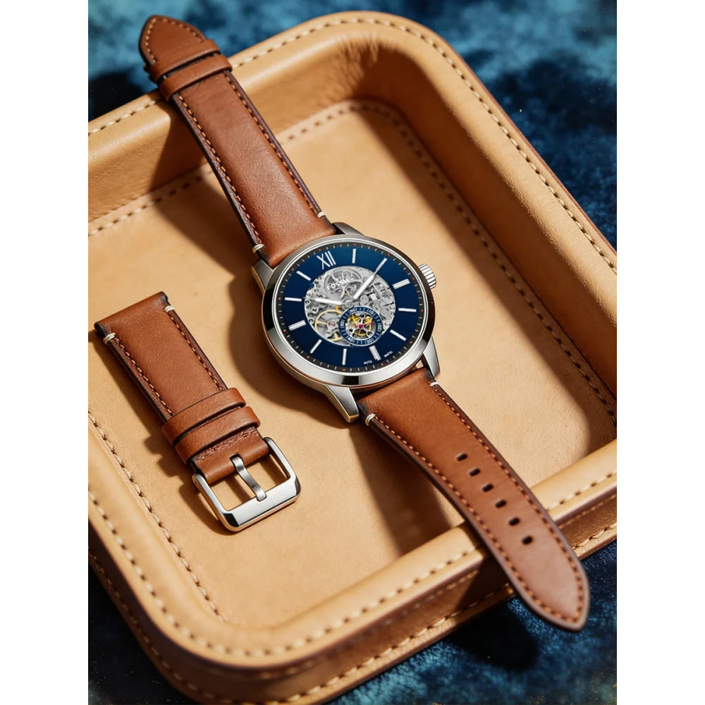 Fossil Men's Automatic Mechanical Watch Skeleton Dial Visible Movement Leather Strap Blue Navy Business Dress Gift Boyfriend