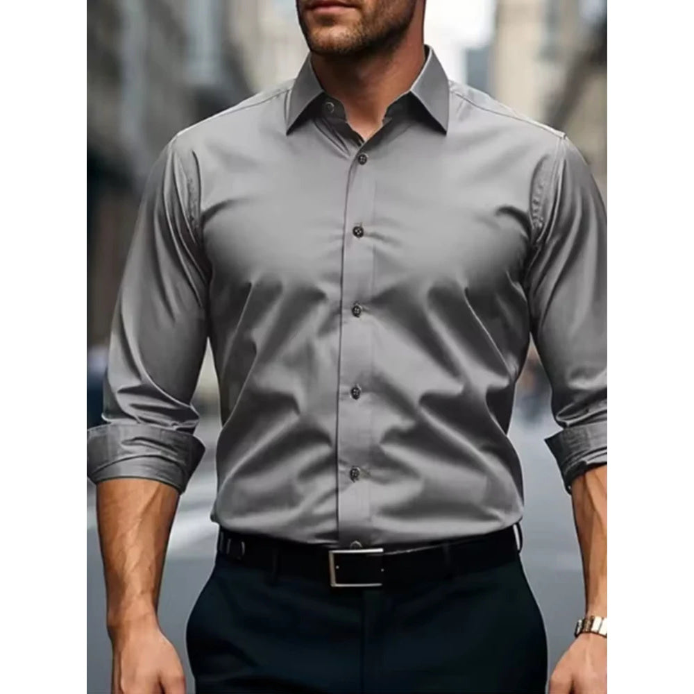 White men's Dress shirt without ironing, business casual, slim and slim black shirt, solid color, fashionable and high-quality