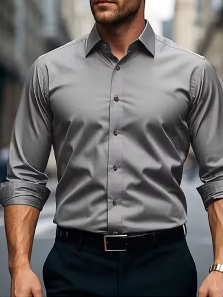 White men's Dress shirt without ironing, business casual, slim and slim black shirt, solid color, fashionable and high-quality