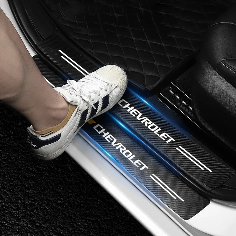 Car Door Threshold Scuff Plate Carbon Fiber Decals Stickers For Chevrolet Cruze Impala Malibu Silverado Cobalt Impala Onix Tahoe
