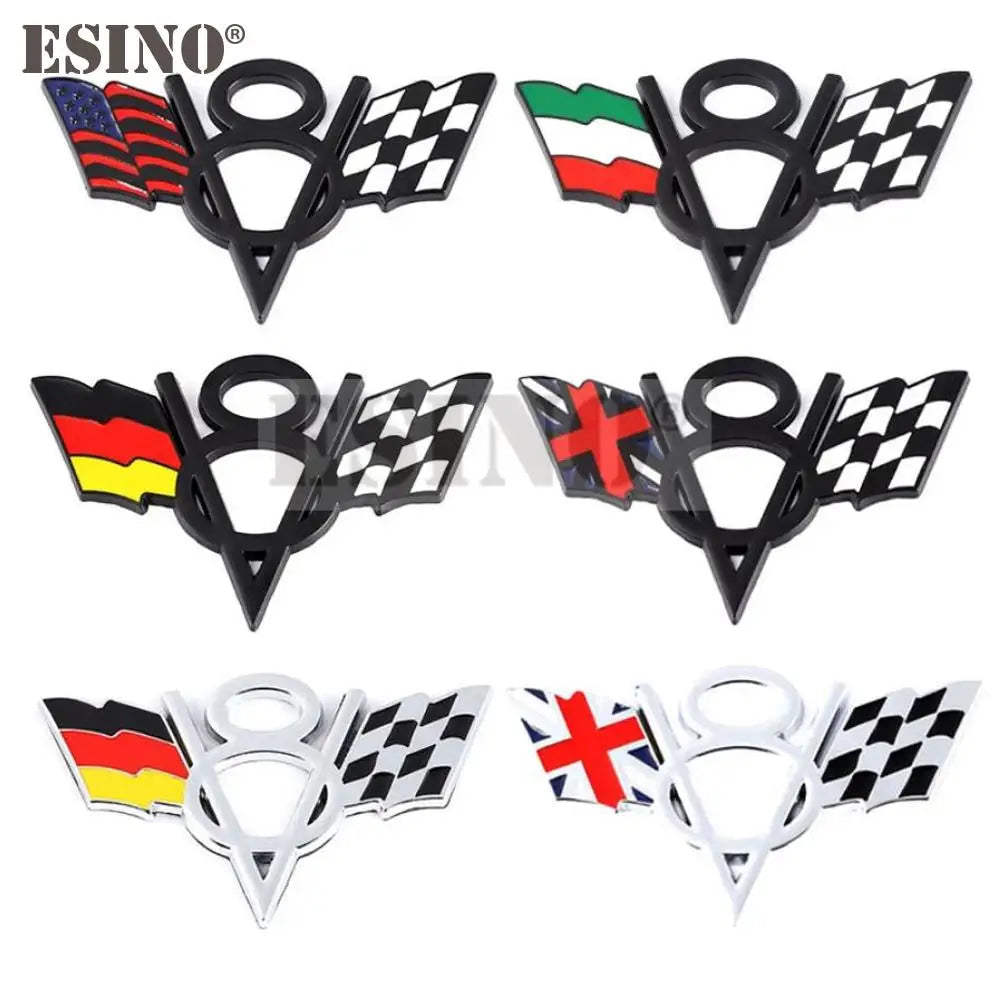 3D V8 Metal Zinc Alloy National Flag Badge Car Adhesive Emblem for Italy France Germany England America US Flag Body Fender