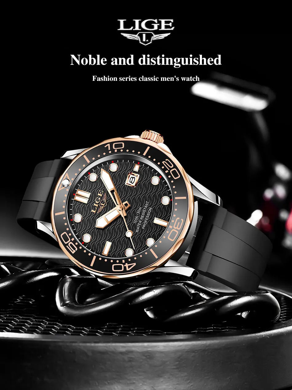 LIGE Men Watch Business Date Watch for Men Luxury Sport Quartz Watches Waterproof Luminous Silicone Wristwatch Relogio Masculino