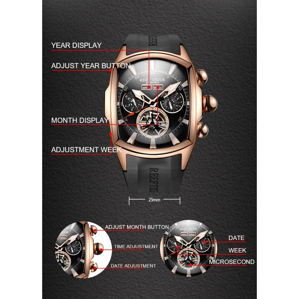 Reef Tiger 316L Stainless Steel Wine Barrel Automatic Watch Fashion Mulitfunction Tourbillon Mechanical Watches for Men RGA3069