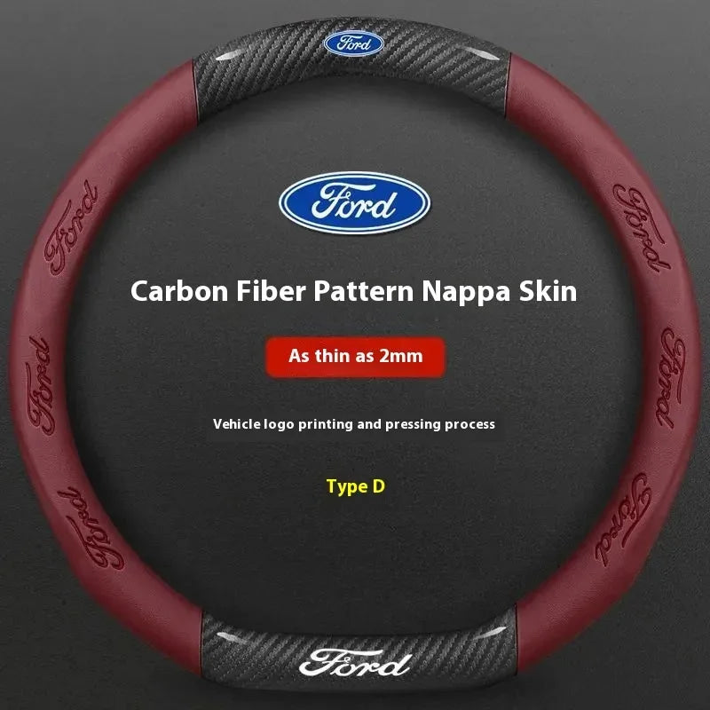 For Ford Mondeo Focus Raptor Puma Edge Explorer Ecosport Ranger F150 Kuga Car AntiSlip Carbon Fiber Leather Steering Wheel Cover